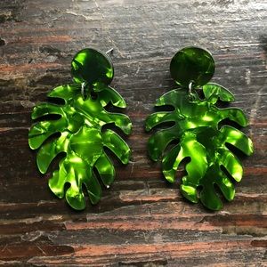 Big green acrylic palm leaf earrings